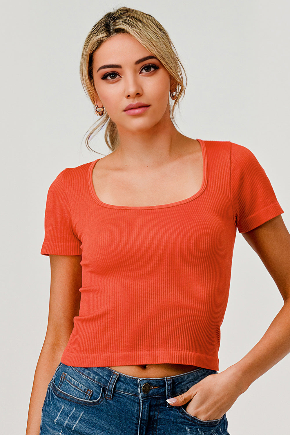 Wholesale Womens Rib Knit Square Neckline Short Sleeve Tops - Orange