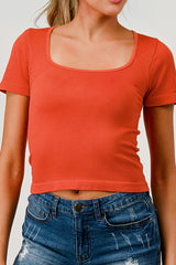 Wholesale Womens Rib Knit Square Neckline Short Sleeve Tops - Orange