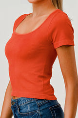 Wholesale Womens Rib Knit Square Neckline Short Sleeve Tops - Orange