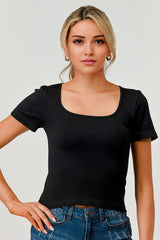 Wholesale Womens Rib Knit Square Neckline Short Sleeve Tops - Black