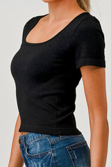 Wholesale Womens Rib Knit Square Neckline Short Sleeve Tops - Black