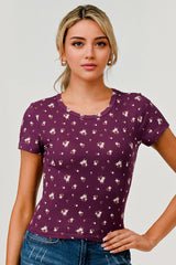 Wholesale Womens Rib Knit Short Sleeve Tops - Purple, White Floral