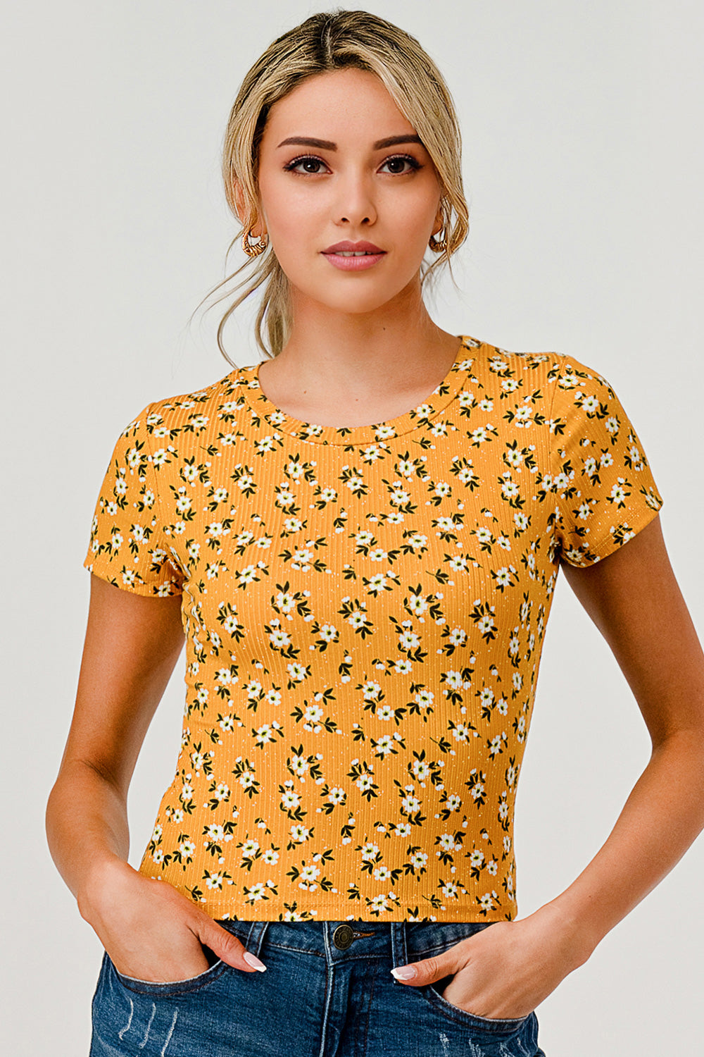 Wholesale Womens Rib Knit Short Sleeve Tops - Yellow, White Floral