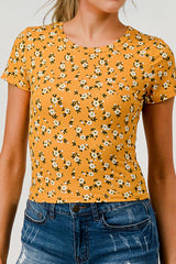 Wholesale Womens Rib Knit Short Sleeve Tops - Yellow, White Floral