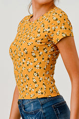 Wholesale Womens Rib Knit Short Sleeve Tops - Yellow, White Floral