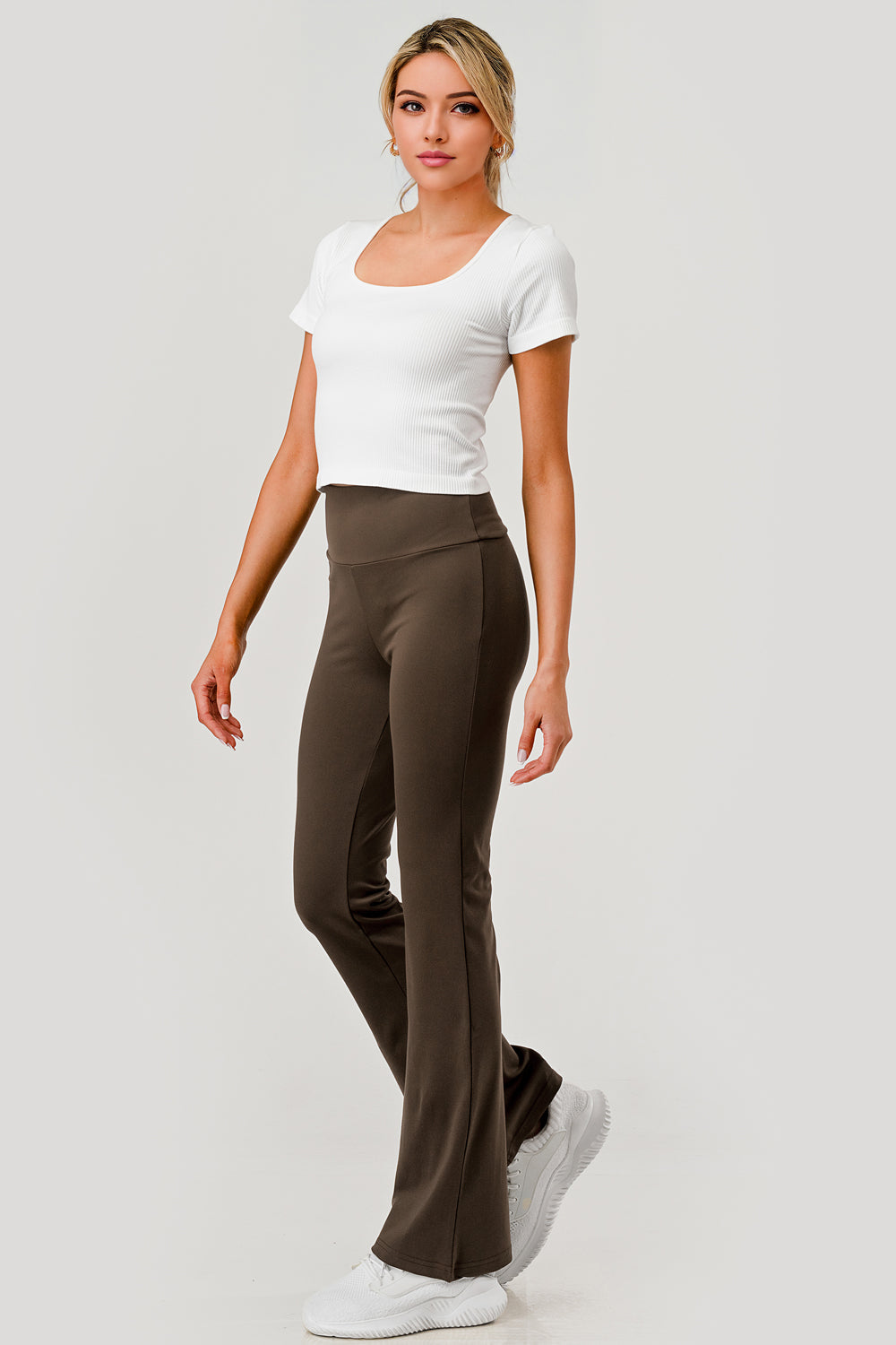 Wholesale Womens High Waist Soft Brushed Stretch Knit Flare Pants - Chocolate Brown