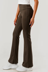 Wholesale Womens High Waist Soft Brushed Stretch Knit Flare Pants - Chocolate Brown