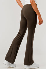 Wholesale Womens High Waist Soft Brushed Stretch Knit Flare Pants - Chocolate Brown