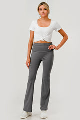 Wholesale Womens Pillowy Soft Fold Over High Waist Flare Pants - Heather Gray