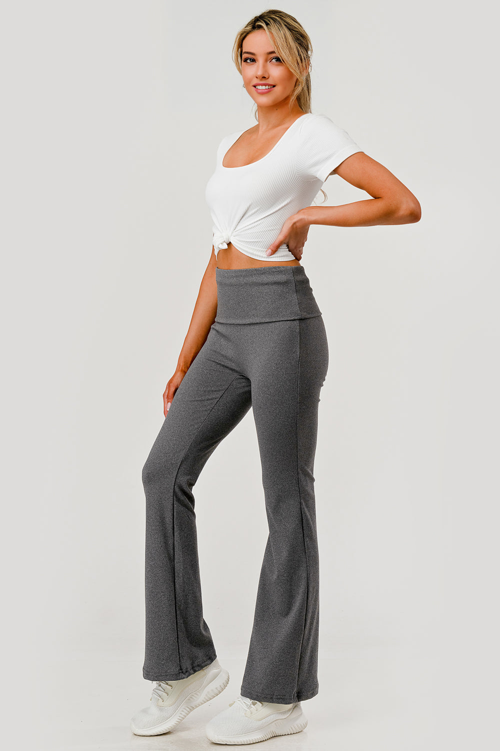 Wholesale Womens Pillowy Soft Fold Over High Waist Flare Pants - Heather Gray