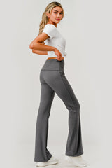 Wholesale Womens Pillowy Soft Fold Over High Waist Flare Pants - Heather Gray