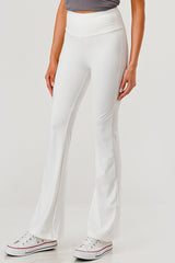 Wholesale Womens High Waist Soft Brushed Stretch Knit Flare Pants - White