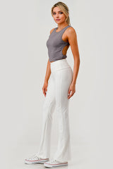 Wholesale Womens High Waist Soft Brushed Stretch Knit Flare Pants - White