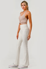 Wholesale Womens Pillowy Soft Fold Over High Waist Flare Pants - Sand