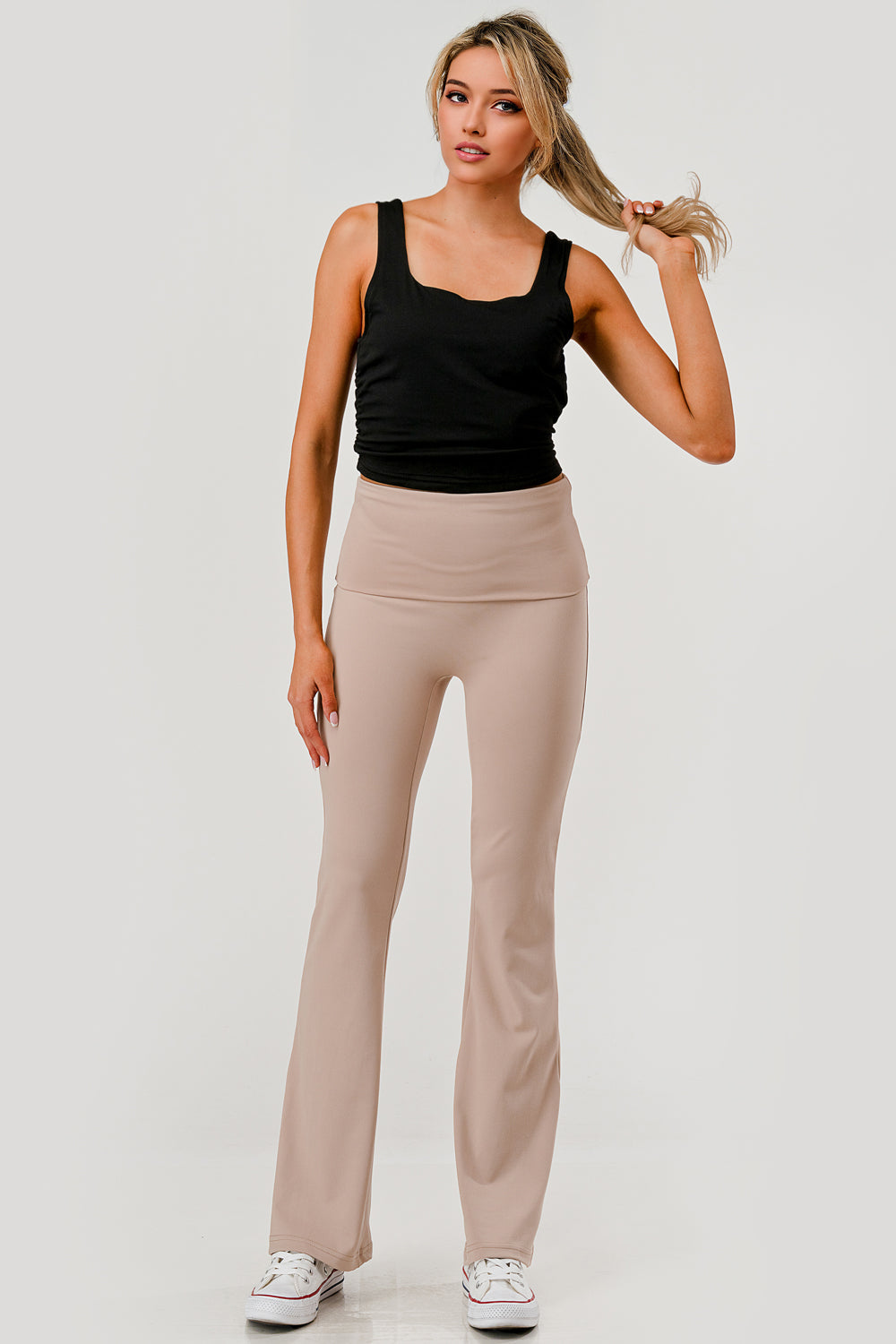 Wholesale Womens Pillowy Soft Fold Over High Waist Flare Pants - Latte