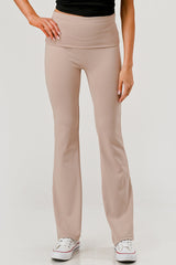 Wholesale Womens Pillowy Soft Fold Over High Waist Flare Pants - Latte