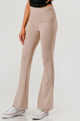 Wholesale Womens Pillowy Soft Fold Over High Waist Flare Pants - Latte