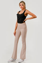 Wholesale Womens Pillowy Soft Fold Over High Waist Flare Pants - Latte