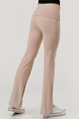 Wholesale Womens Pillowy Soft Fold Over High Waist Flare Pants - Latte