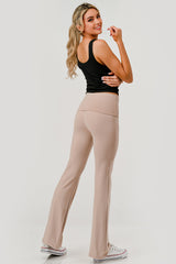 Wholesale Womens Pillowy Soft Fold Over High Waist Flare Pants - Latte