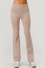 Wholesale Womens Pillowy Soft Fold Over High Waist Flare Pants - Latte