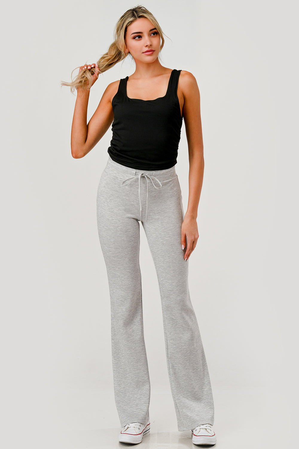 Wholesale Womens Buttery Soft Drawstring Waist Flare Pants - Light Heather Gray