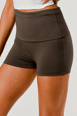 Wholesale Womens Pillowy Soft Fold Over Waist Shorts - Chocolate Brown