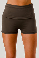 Wholesale Womens Pillowy Soft Fold Over Waist Shorts - Chocolate Brown