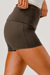 Wholesale Womens Pillowy Soft Fold Over Waist Shorts - Chocolate Brown