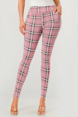 Wholesale Womens High Waist Sculpting Treggings With Front Pockets - Pink, White, Black Plaid Print