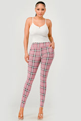 Wholesale Womens High Waist Sculpting Treggings With Front Pockets - Pink, White, Black Plaid Print