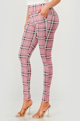 Wholesale Womens High Waist Sculpting Treggings With Front Pockets - Pink, White, Black Plaid Print