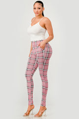 Wholesale Womens High Waist Sculpting Treggings With Front Pockets - Pink, White, Black Plaid Print