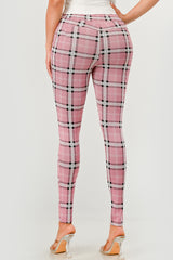 Wholesale Womens High Waist Sculpting Treggings With Front Pockets - Pink, White, Black Plaid Print