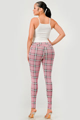 Wholesale Womens High Waist Sculpting Treggings With Front Pockets - Pink, White, Black Plaid Print