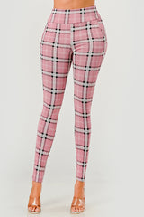 Wholesale Womens High Waist Sculpting Treggings With Front Pockets - Pink, White, Black Plaid Print