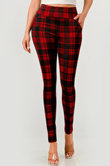 Wholesale Womens High Waist Sculpting Treggings With Front Pockets - Red, Black Plaid Print