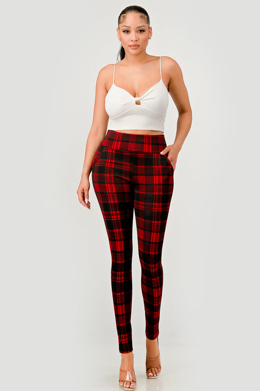 Wholesale Womens High Waist Sculpting Treggings With Front Pockets - Red, Black Plaid Print