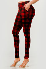 Wholesale Womens High Waist Sculpting Treggings With Front Pockets - Red, Black Plaid Print