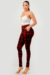 Wholesale Womens High Waist Sculpting Treggings With Front Pockets - Red, Black Plaid Print