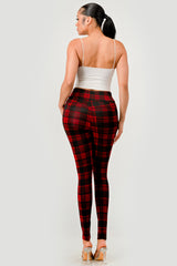 Wholesale Womens High Waist Sculpting Treggings With Front Pockets - Red, Black Plaid Print