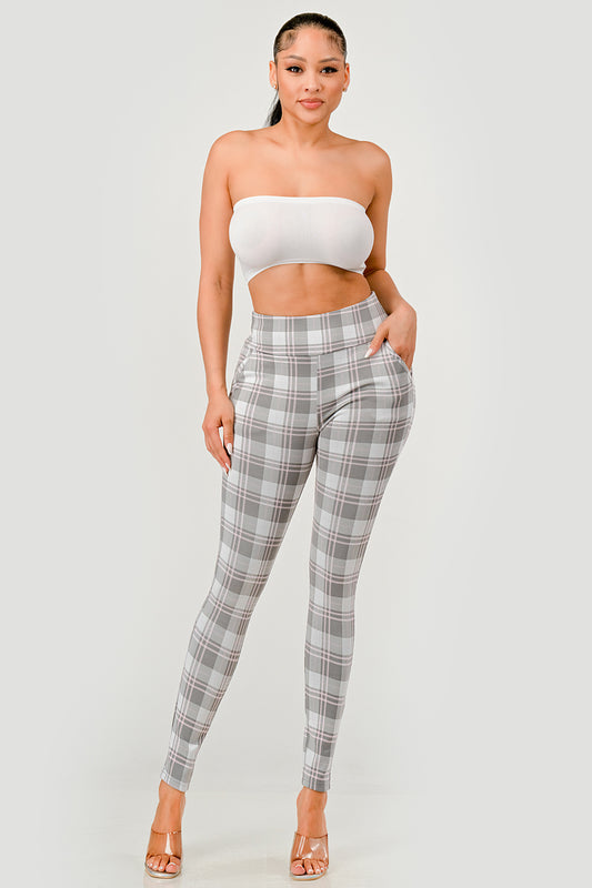 Wholesale Womens High Waist Sculpting Treggings With Front Pockets - Gray, White, Pink Plaid Print