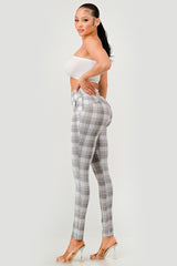 Wholesale Womens High Waist Sculpting Treggings With Front Pockets - Gray, White, Pink Plaid Print