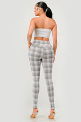 Wholesale Womens High Waist Sculpting Treggings With Front Pockets - Gray, White, Pink Plaid Print