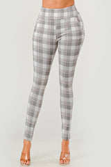 Wholesale Womens High Waist Sculpting Treggings With Front Pockets - Gray, White, Pink Plaid Print