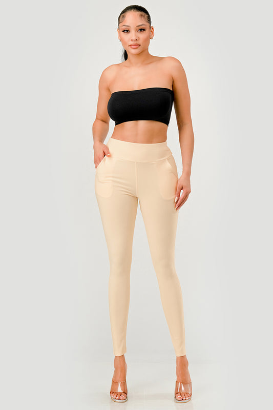 Wholesale Womens High Waist Sculpting Treggings With Front Pockets - Pearled Ivory