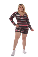Wholesale Womens Plus Size Holiday Print Fleece Lined Romper Onesie - Black, Red & White