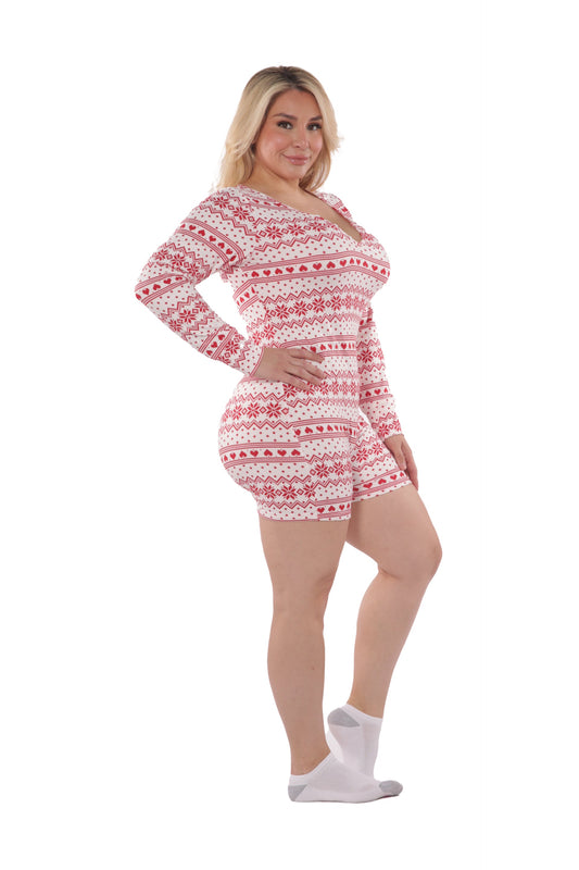 Wholesale Womens Plus Size Holiday Print Fleece Lined Romper Onesie - White & Red