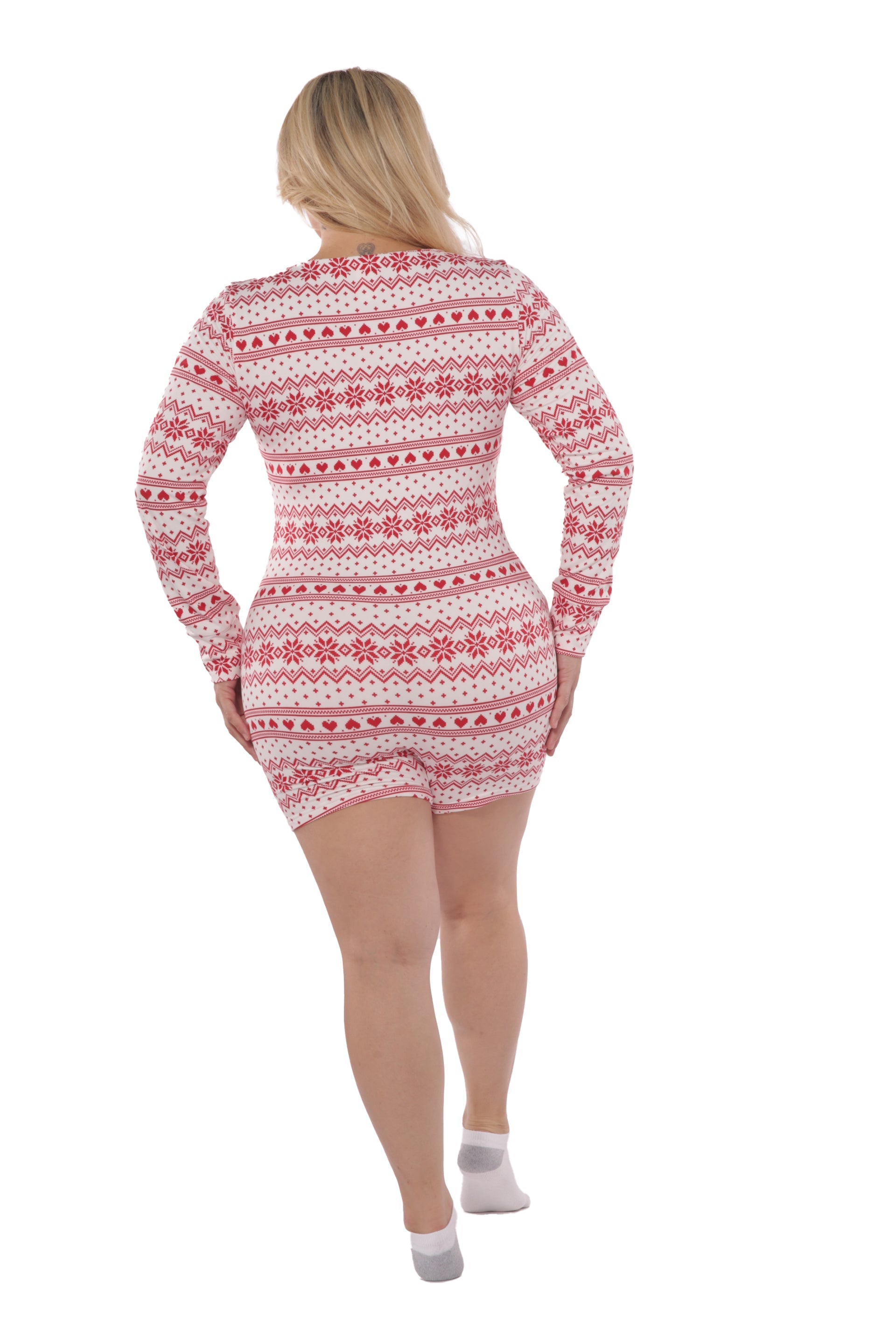 Wholesale Womens Plus Size Holiday Print Fleece Lined Romper Onesie - White & Red