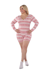 Wholesale Womens Plus Size Holiday Print Fleece Lined Romper Onesie - White & Red